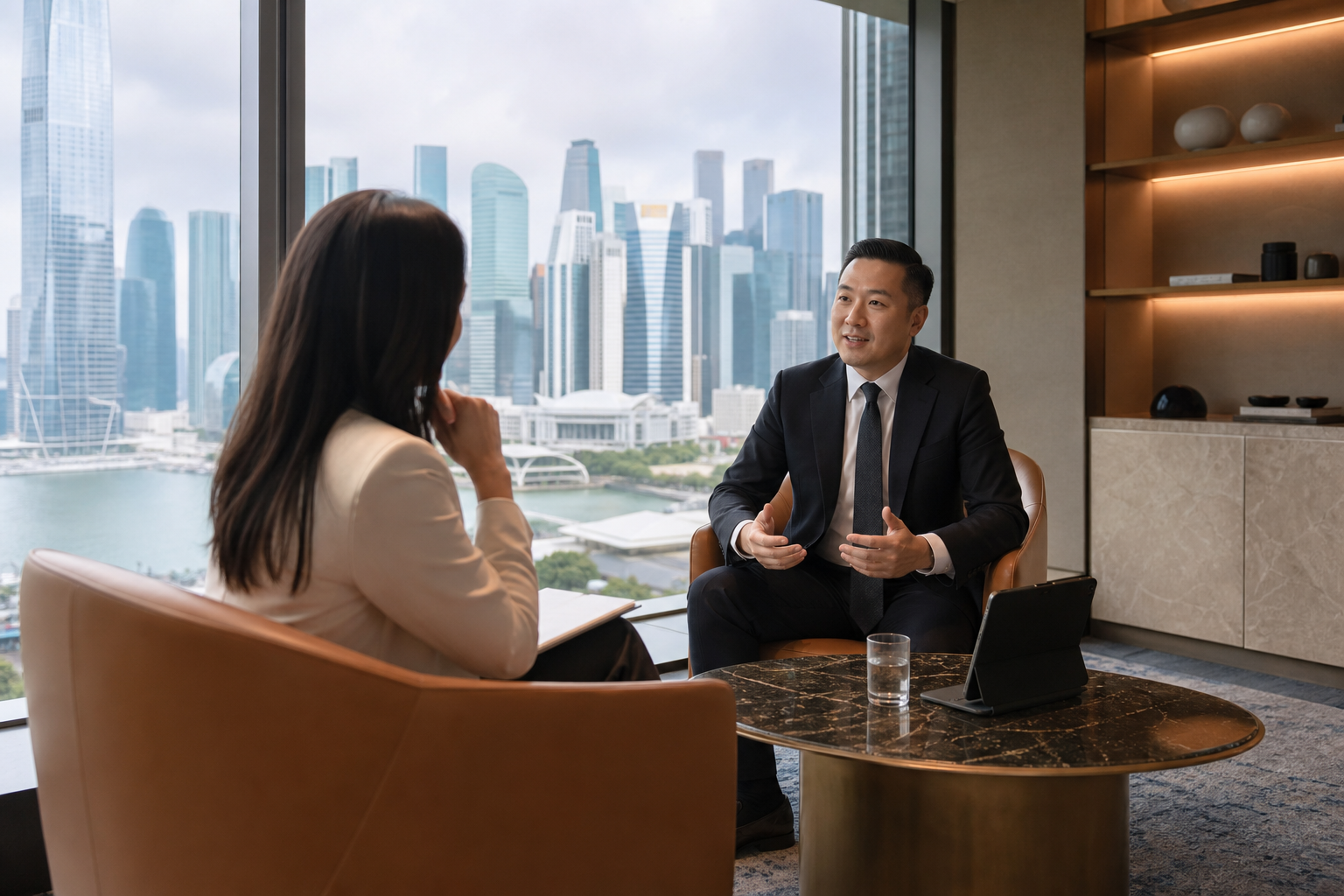 A private banking lounge with a city skyline view and two professionals in conversation